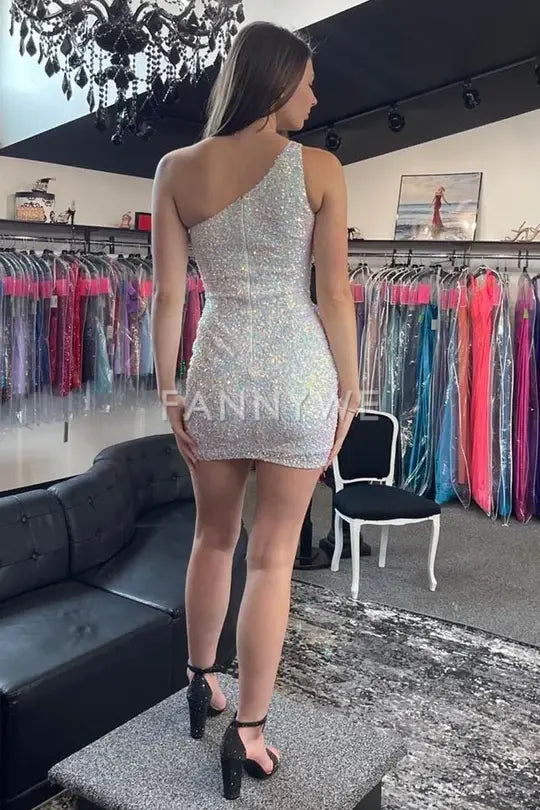 FannyWe Simple Sequin One-Shoulder Short Cocktail Gown formal wear dresses